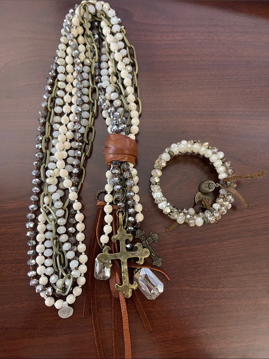 Jewelry - Boutique Multi-Strand Cream, Bronze & Grey Cross Necklace (NWT) and Bracelet